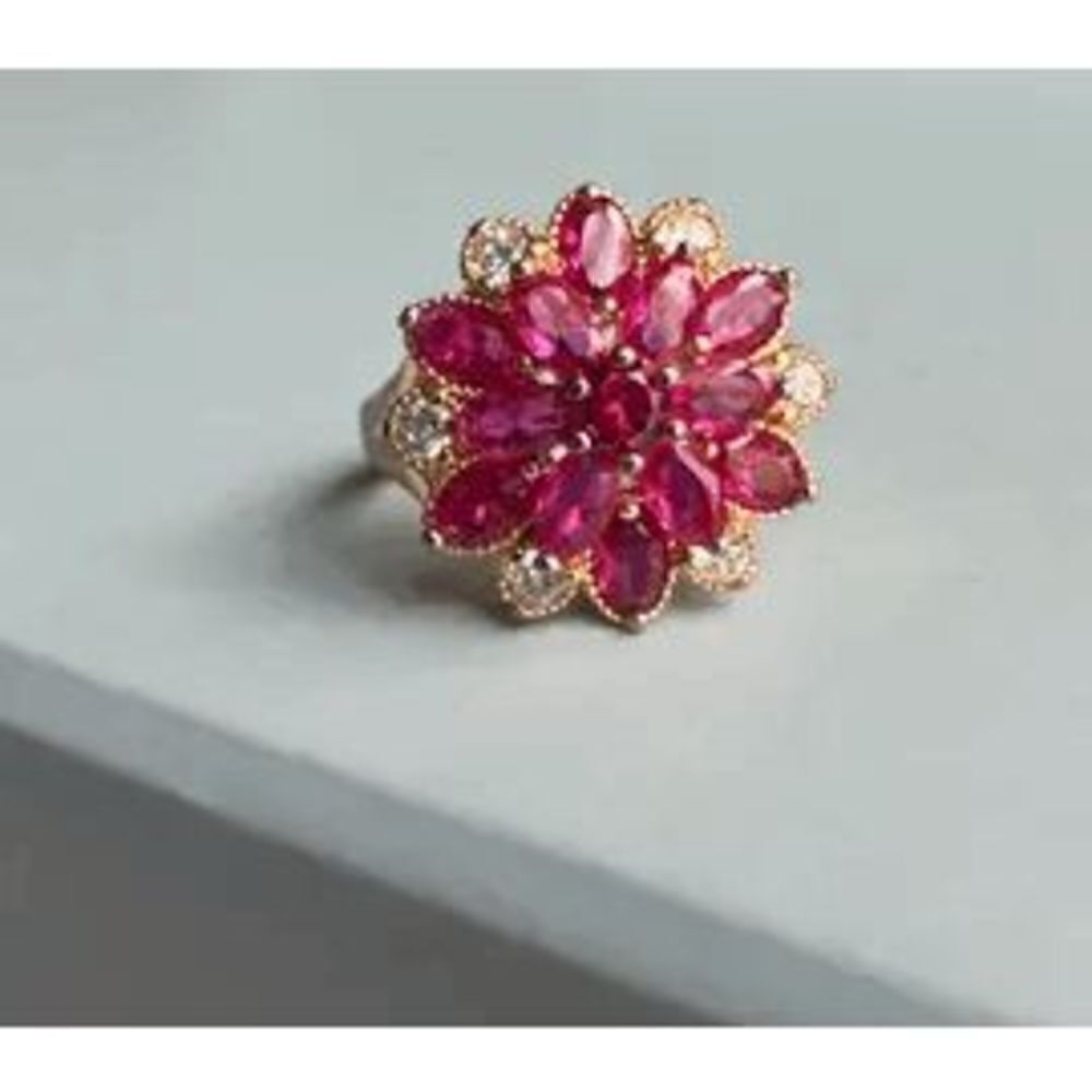 Ruby Rose Diamond Gold Flower Ring - Size 7 - Picture 8 of 8